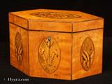876TC:  Antique Satinwood Hexagonal Tea Caddy Inlaid with Ovals depicting stylized flowers and Prince of Wales's Feathers Circa 1800