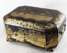 Fitted Chinese Export Lacquer Sewing Box decorated with Tea Cultivation Scenes, circa 1830