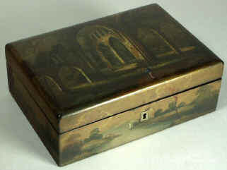 A painted Fully fitted Papier mâchè Sewing box Circa 1835. Enlarge Picture