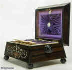 Victorian fully fitted coromandel sewing box of architectural shape inlaid with mother of pearl abalone and metal, with turned handles and feet. circa 1845 Enlarge Picture