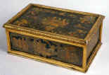 Rare important early 18th Century Venetian box with fielded panels decorated with lacca povera depicting Chinoiserie fantasies, framed with gilt-wood; the inside of the box has a later (early 19th century English) tray, covered in green silk fitted for sewing, circa 1730 Enlarge Picture